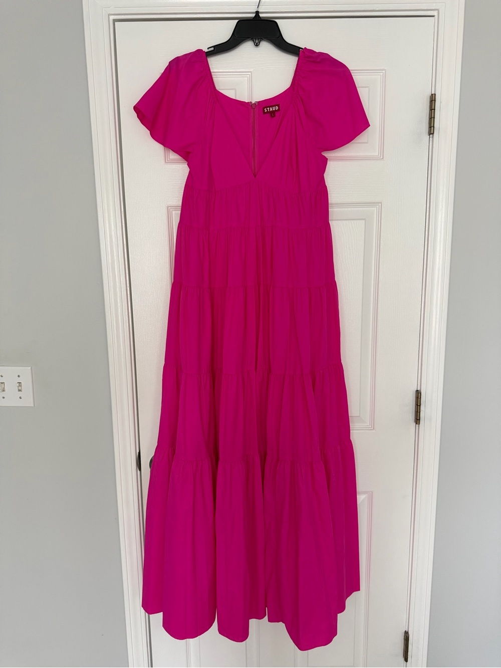 STAUD Fuchsia Tiered Maxi Dress with Flutter Sleeves